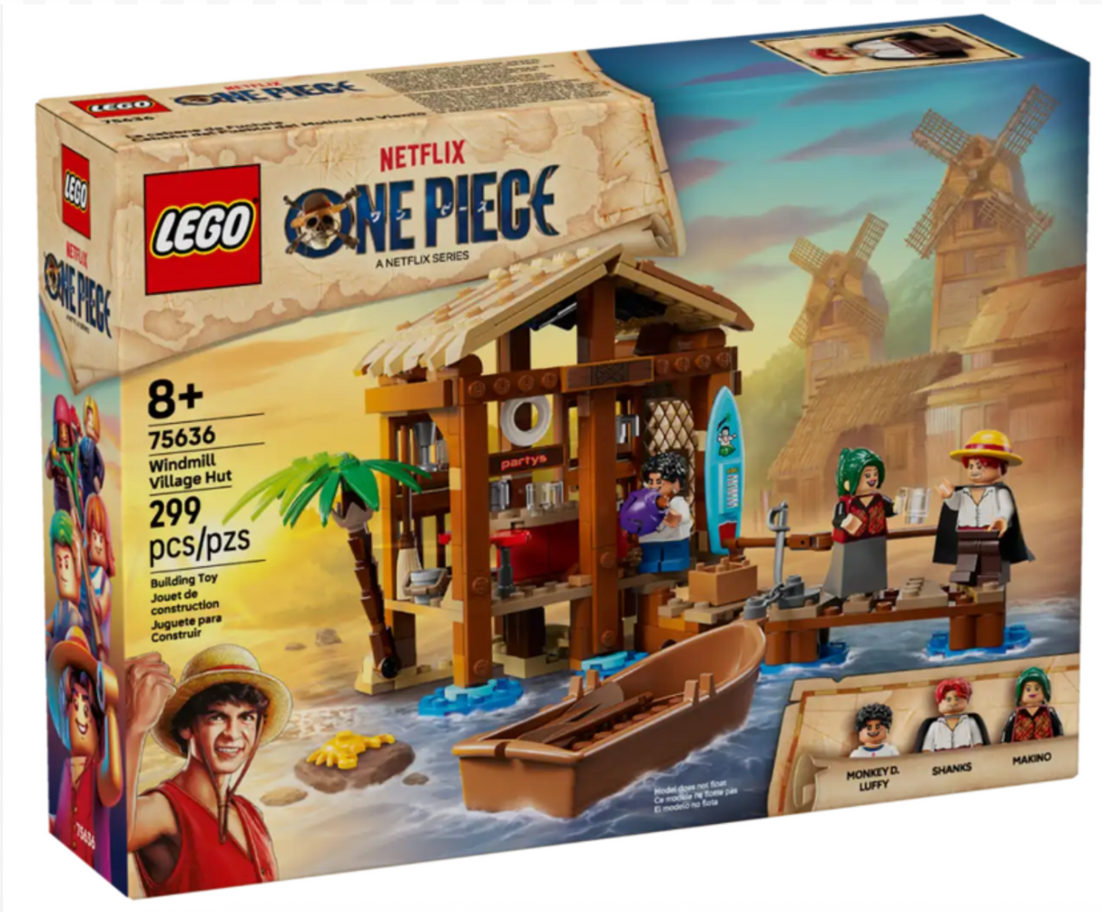 LEGO ONE PIECE Windmill Village Hut set featuring a beachside store, pirate boat, and minifigures Luffy, Shanks, Makino.