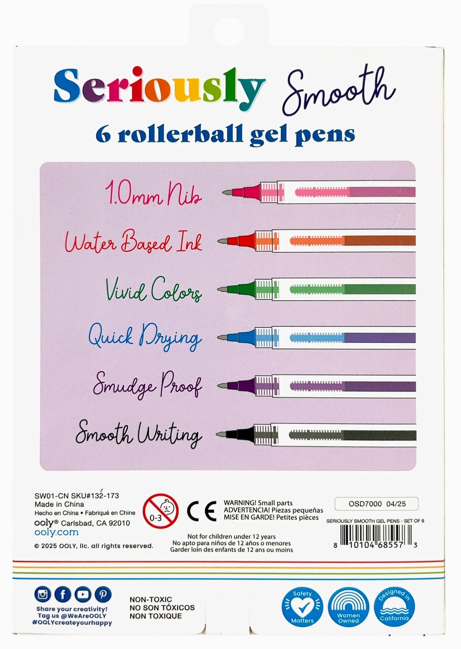Pack of six Seriously Smooth rollerball gel pens with 1.0mm nibs, washable ink, vivid colors, quick drying, and smudge proof design