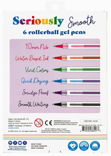Pack of six Seriously Smooth rollerball gel pens with 1.0mm nibs, washable ink, vivid colors, quick drying, and smudge proof design
