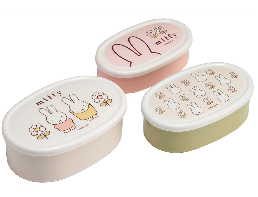 Set of three pastel-colored Miffy oval food containers with cute character and flower designs on lids