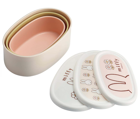 Set of three Miffy oval food containers in soft colors with nesting design and matching lids featuring bunny illustrations.