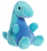 Soft plush toy of Glen the Loch Ness Monster in shades of blue with a friendly, gentle expression
