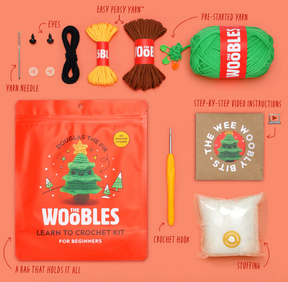 Complete Douglas the Fir crochet kit with yarn, needle, hook, stuffing, eyes, stitch marker, and video instructions on orange background