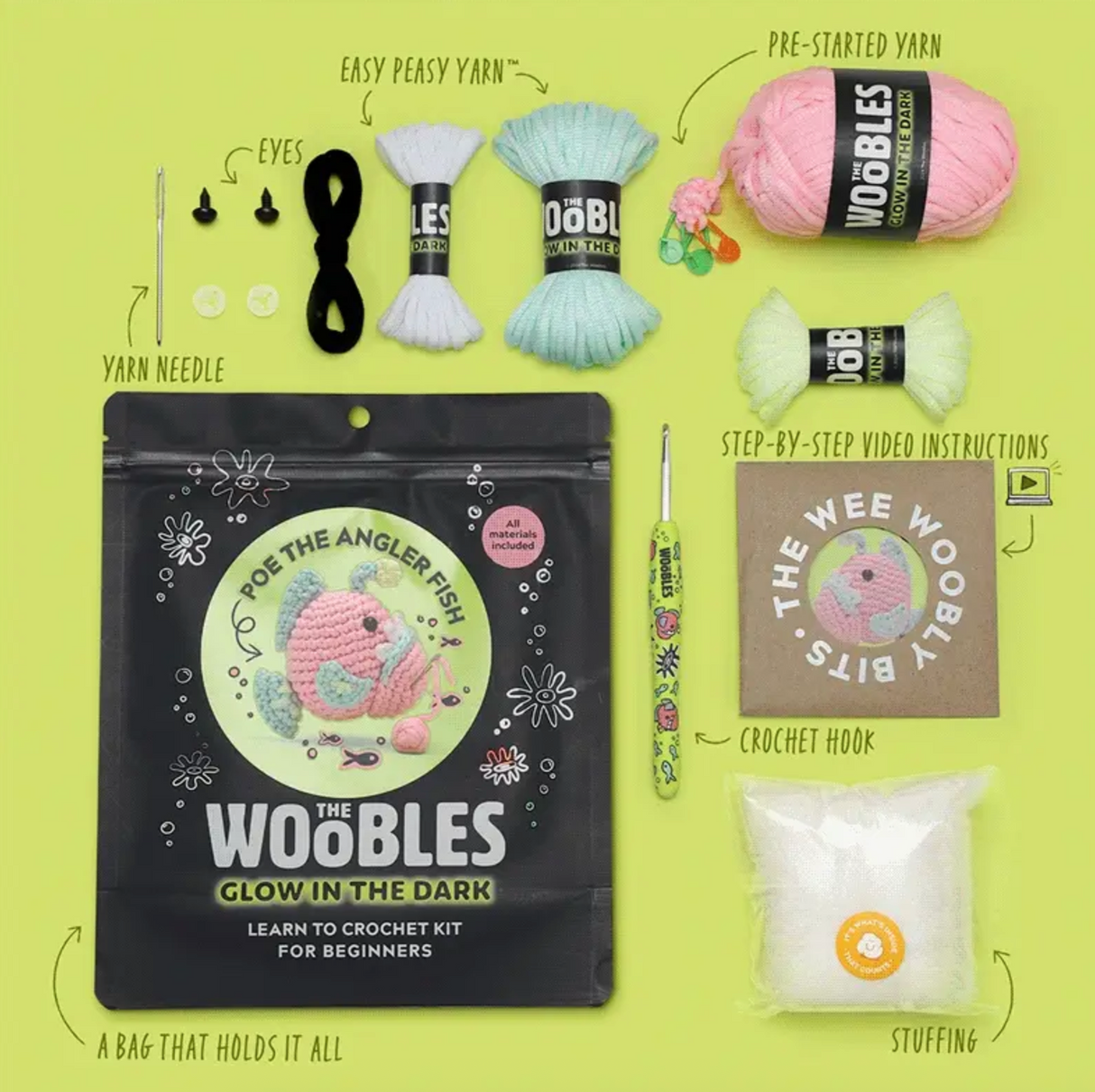Complete beginner-friendly crochet kit with yarn, hook, stuffing, needle, eyes, and video instructions for Poe the Angler Fish.