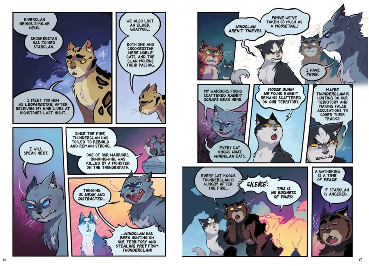 Two pages from Warriors #3: The Prophecies Begin comic showing cat clans discussing threats and tensions in the forest.