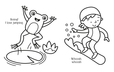 Black and white coloring book page featuring a happy frog jumping and a child snowboarding with simple outlines.