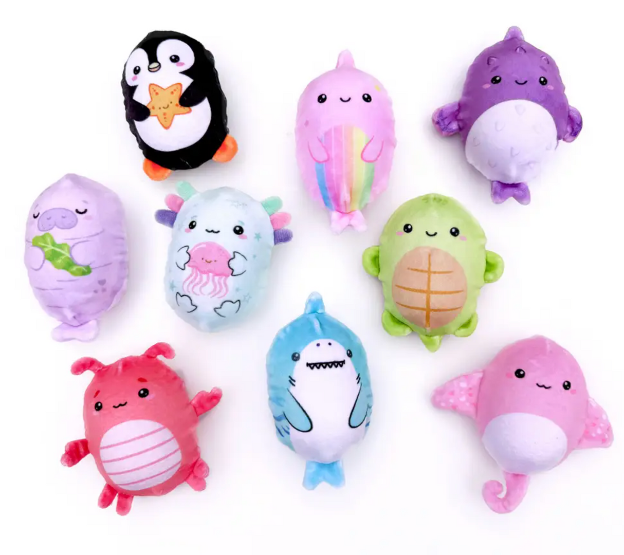 Collection of colorful plush sea creature squishy toys with bubble-filled sensory balls inside for stress relief and fun.