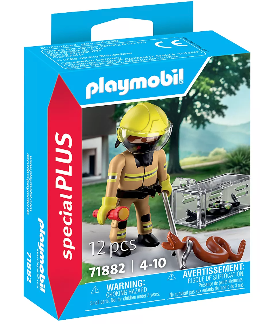 Playmobil firefighter figure rescuing two snakes with scarf and hook next to transparent transport box outdoors