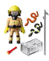 Firefighter figure with helmet, two snakes, snake hook, flashlight, and clear transport box toy set.