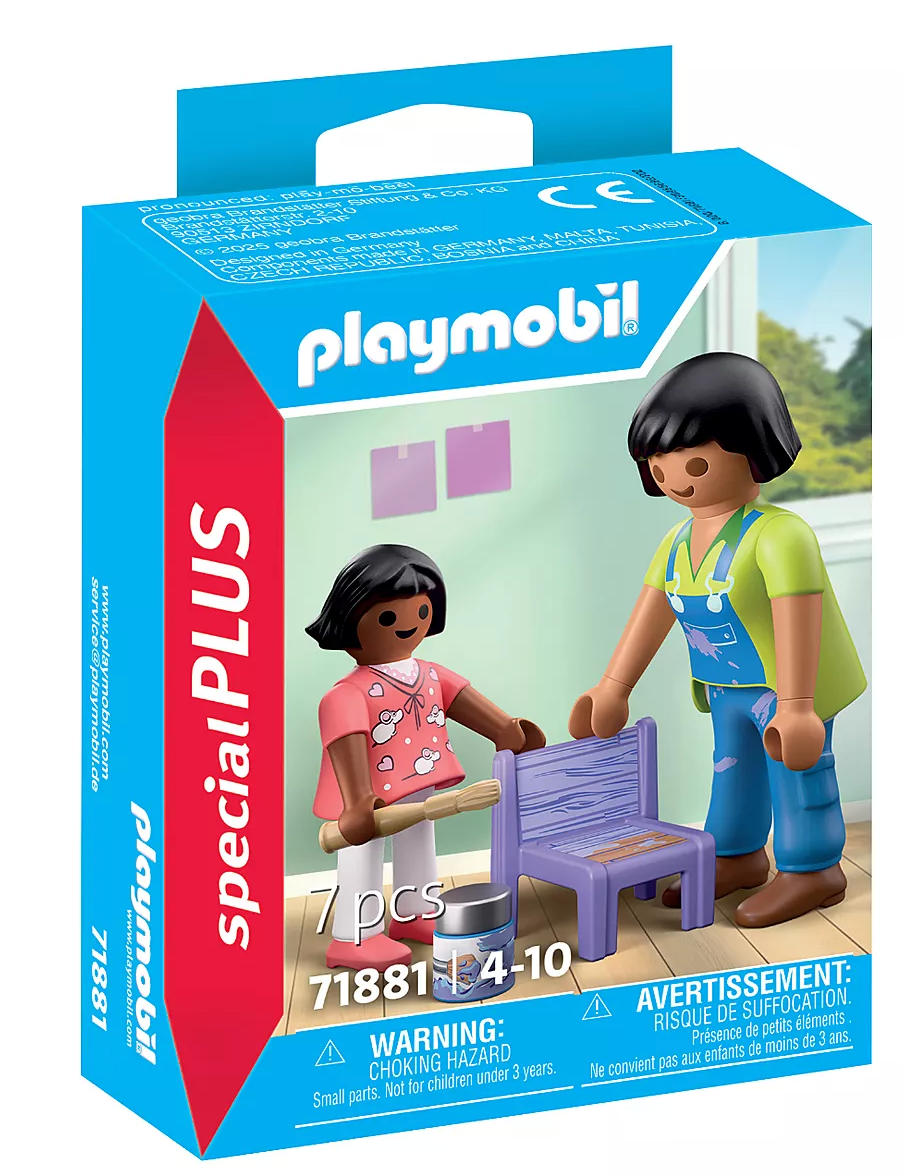 Two figures painting a nursery chair together with paint and accessories included in the set