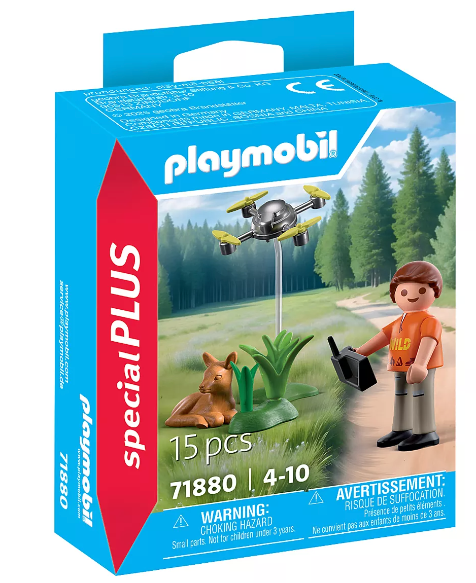 Playmobil Special Plus set with explorer figure, drone, and fawn in a forest rescue scene for kids ages 4 to 10.