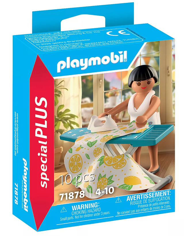 Playmobil Special Plus Stylist figure ironing fabric with ironing board and accessories in bright room setting