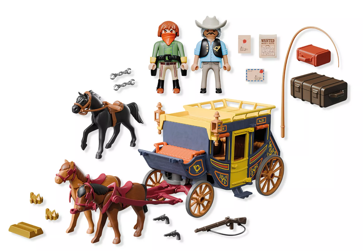 Wild West stagecoach set with two cowboys, three horses, suitcases, weapons, handcuffs, letters, gold, and accessories.