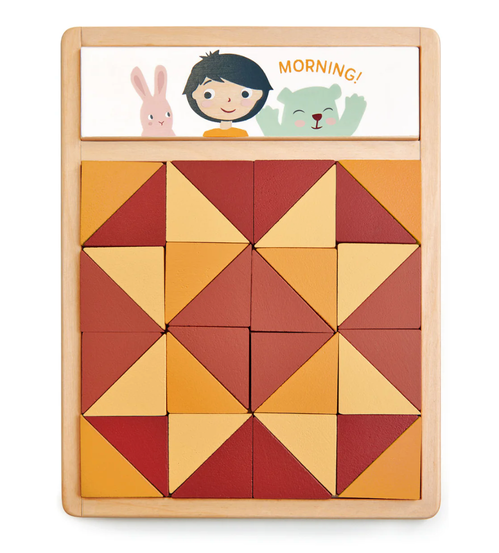 Wooden patchwork quilt puzzle with triangular pieces in warm colors and a cheerful morning illustration above