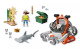 Children's submarine toy set with driver, treasure chest, shark, seaweed, and underwater accessories for imaginative play.