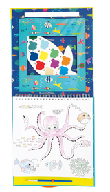Open Paint by Numbers kit featuring ocean creatures, numbered paint palettes, and a paintbrush for creative fun.