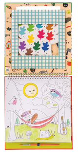 Open spiral-bound paint by numbers book showing a camping scene with animals and a numbered color palette shaped like leaves