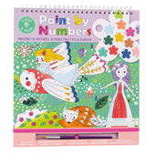 Spiral-bound fairy tale paint by numbers kit with 10 pictures, 10 flower-shaped palettes, brush, and elastic closure for kids.