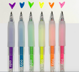 Set of six neon gel pens with colorful heart designs showing glossy, raised ink effects on paper.