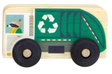 Wooden recycle truck toy with green printed details and black hardwood wheels designed for toddlers aged two and up