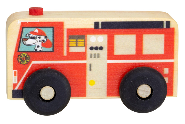 Small wooden fire truck toy with black wheels and printed details featuring a Dalmatian dog firefighter inside