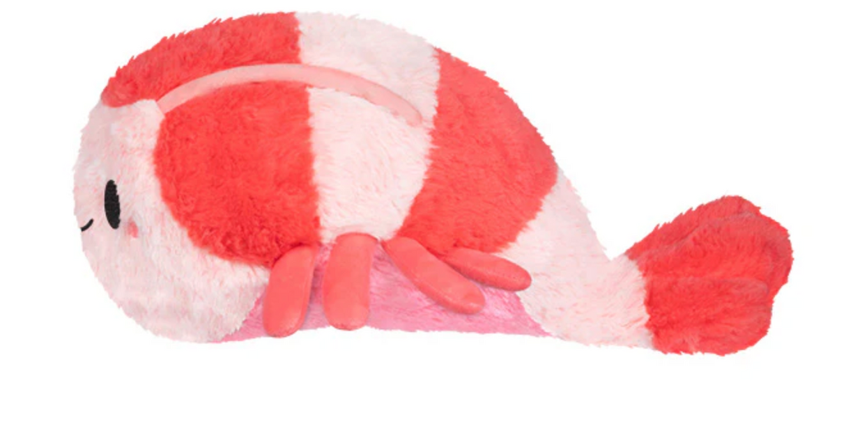 Soft plush toy in red and white stripes shaped like a cute mini shrimp for all ages.