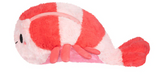Soft plush toy in red and white stripes shaped like a cute mini shrimp for all ages.