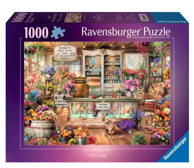 Colorful flower shop scene with various blooms, rustic shelves, and a cozy vintage interior in a 1000-piece puzzle design