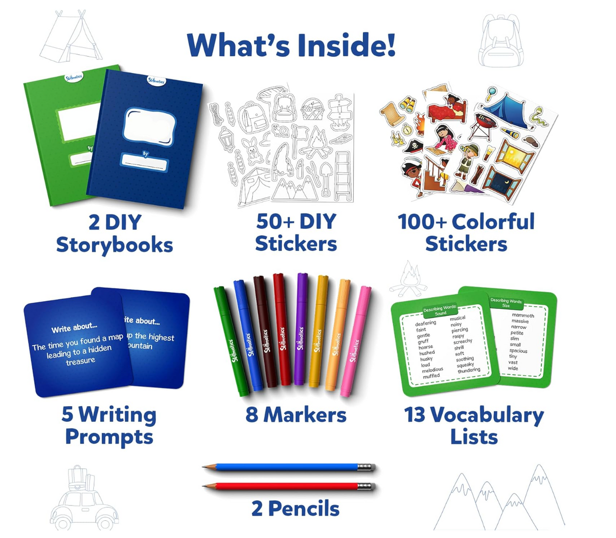 Contents of a Storybook Art Kit including books, stickers, markers, writing prompts, vocabulary lists, and pencils for kids.