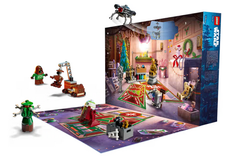 LEGO Star Wars Advent Calendar 2025 with festive droids, workshop, holiday decor, and Babu Frik figure for creative play