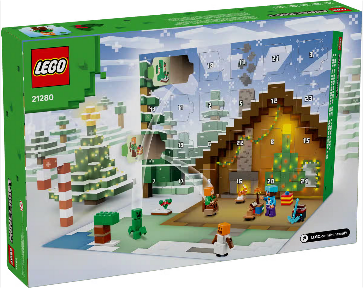 LEGO Minecraft Advent Calendar 2025 with 24 daily gifts, minifigures, building toys, and a winter village playmat.