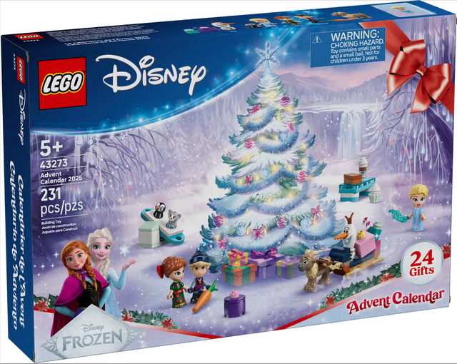 LEGO Disney Frozen Advent Calendar 2025 featuring characters and a festive tree with 24 gifts for kids ages 5 and up