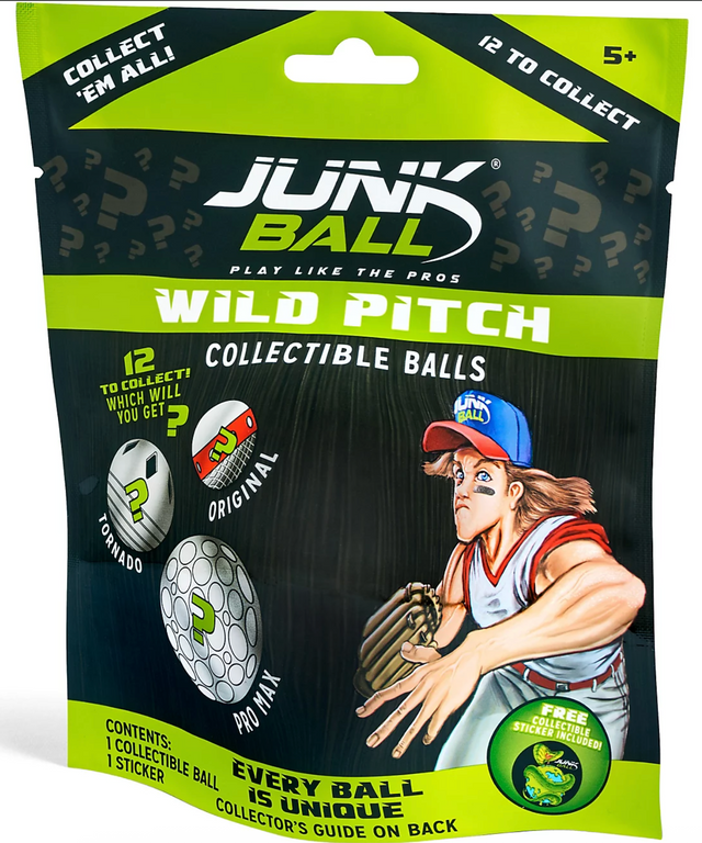 Junk Ball Wild Pitch collectible baseball package featuring mystery ball designs and a free sticker for ages 5 and up.