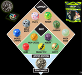 Junk Ball Wild Pitch Collectible Ball lineup showing common, rare, and limited edition mystery ball designs with stickers and packaging.