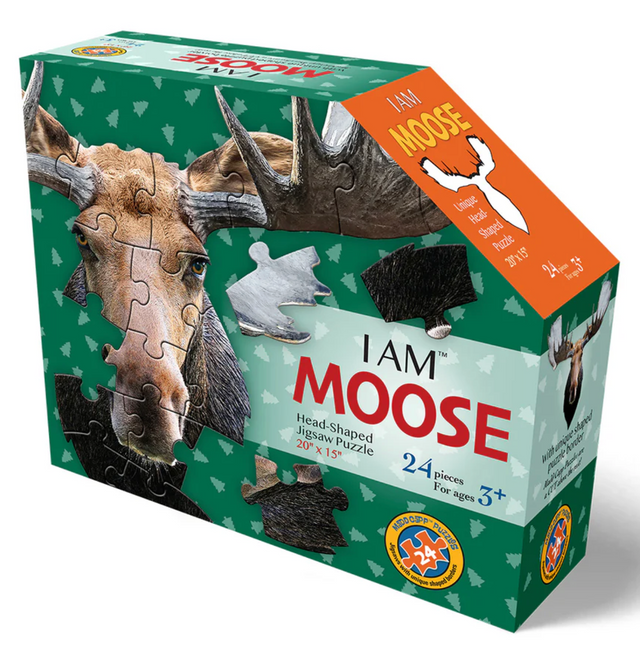 Box of 24-piece oversized jigsaw puzzle shaped like a moose head with educational fun facts booklet included for kids ages 3 and up