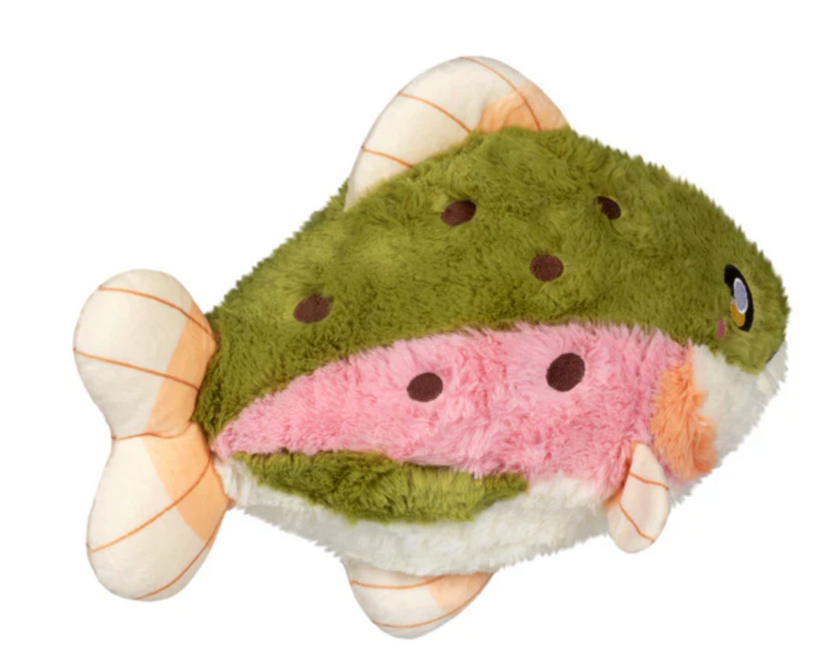 Soft and colorful Rainbow Trout plush toy with green and pink hues, perfect for all ages and imaginative play.
