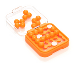 Compact orange puzzle game with movable pieces and clear lid for on-the-go brain challenges and family fun