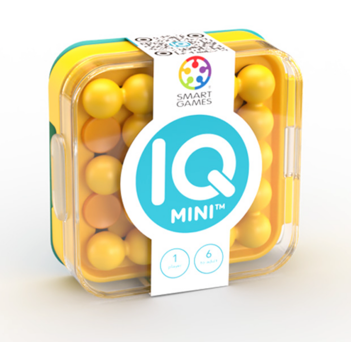 Compact IQ Mini puzzle game in clear case with yellow pieces, perfect for on-the-go brain challenges for ages 6 and up