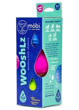Colorful Wooshlz Sensory Bath Shakers in packaging promoting sensory play and bath time fun for babies 0 months and up
