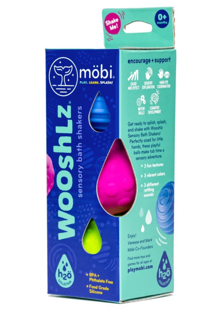 Colorful Wooshlz Sensory Bath Shakers in packaging promoting sensory play and bath time fun for babies 0 months and up