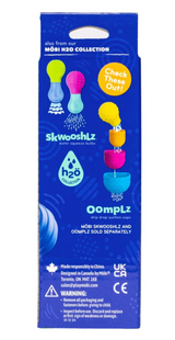 Packaging for colorful Skwooshlz water squeeze bulbs and Oomplz drip drop suction cups bath toys