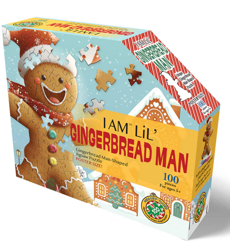 Box of 100-piece oversized gingerbread man shaped jigsaw puzzle with fun facts booklet for ages five and up