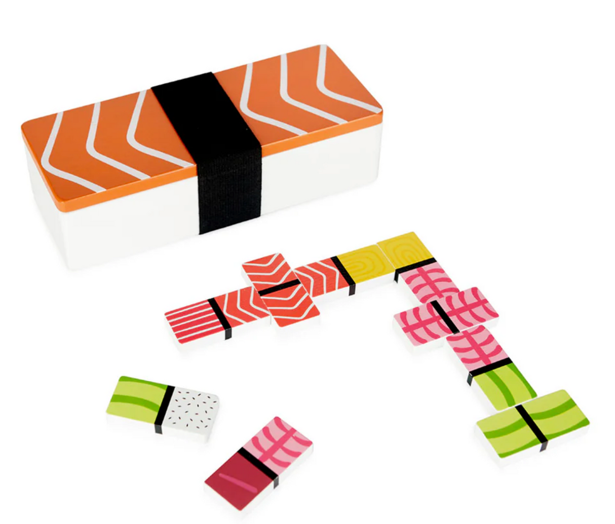 Wooden domino game pieces designed like colorful sushi toppings with a salmon-patterned wooden box.