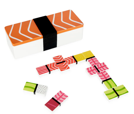Wooden domino game pieces designed like colorful sushi toppings with a salmon-patterned wooden box.
