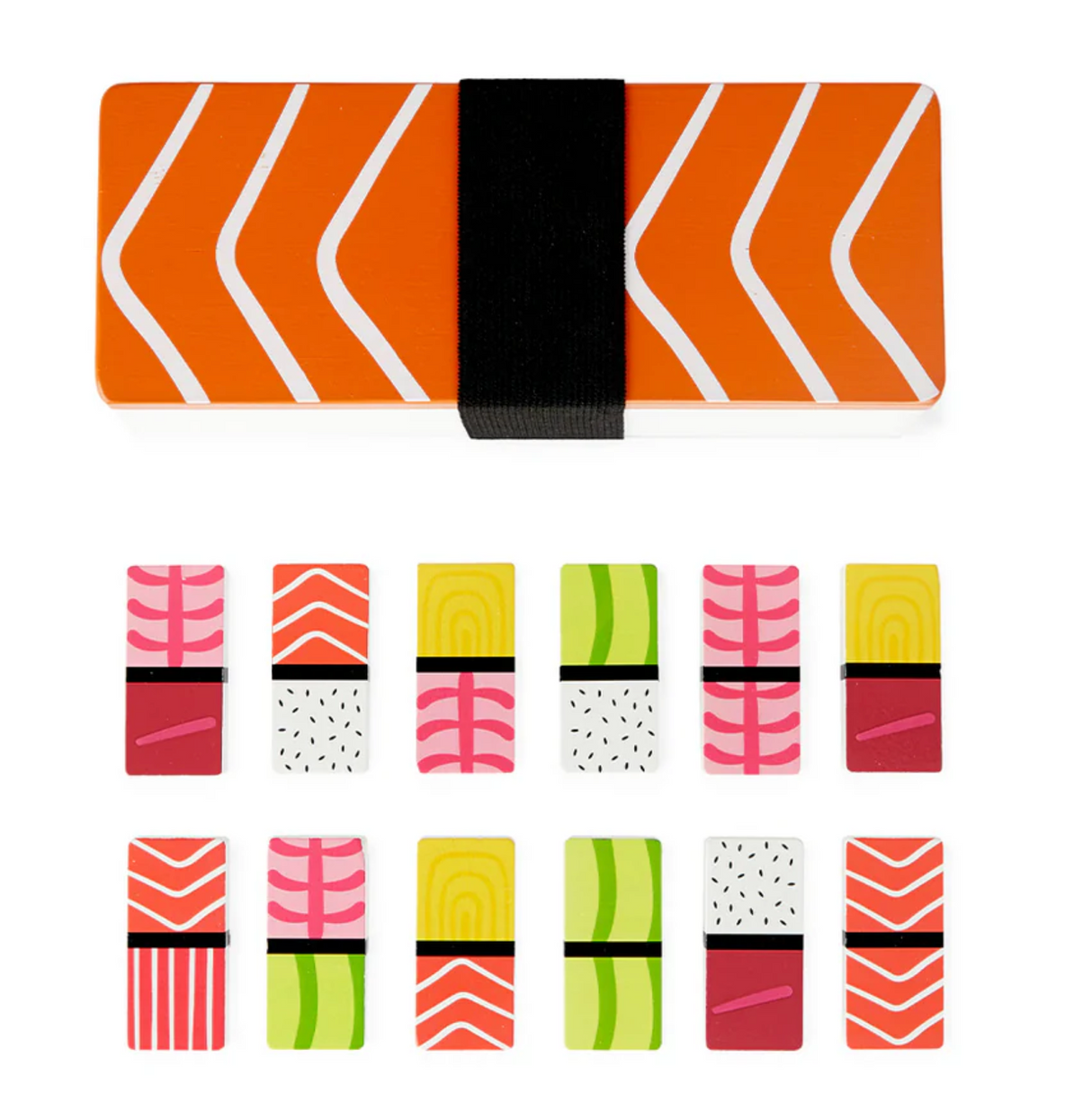 Wooden domino set with sushi-inspired nigiri toppings and a salmon nigiri wooden box, ideal for game lovers.