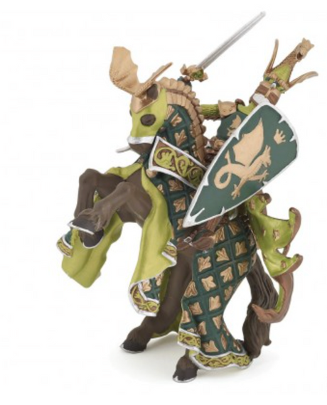 Majestic black horse figure with dark green and gold armour and caparison in dynamic rearing pose.