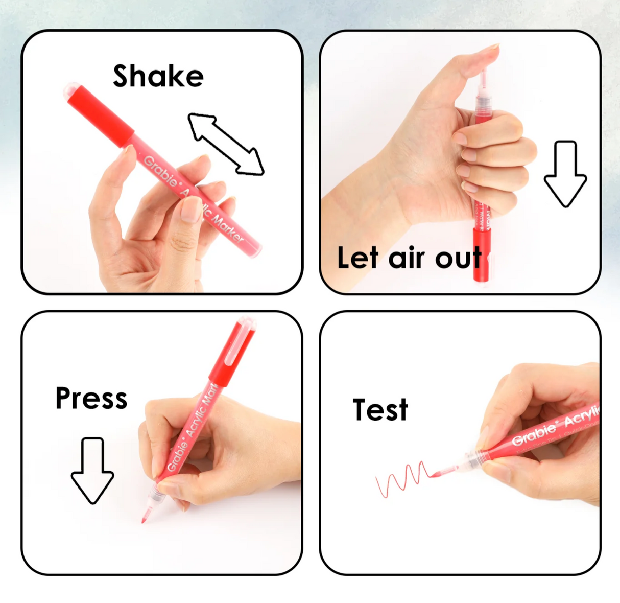 Step-by-step guide showing how to prepare and test an extra fine tip acrylic paint marker before use