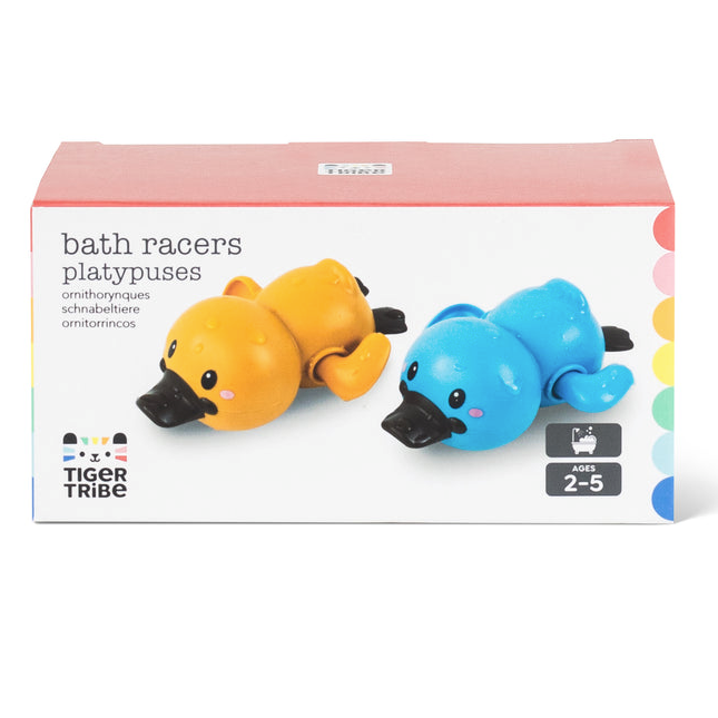 Box of Bath Racers Platypuses. Shows two platypuses, one blue and one orange. Recommended for ages 2 to 5.