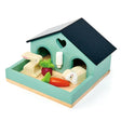 Pet Rabbit Set wooden hutch with rabbit, guinea pig, water bottle, carrot, and turnip for imaginative play.
