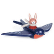 Swifty Bird wooden toy with Spud the pilot Hare wearing a fabric scarf, perfect for imaginative play.